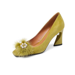 Rhinestone Pearl Thick Heel Leather Ol Women's Shoes Yellow