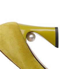 Rhinestone Pearl Thick Heel Leather Ol Women's Shoes Yellow