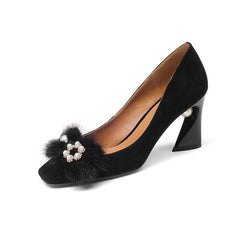Rhinestone Pearl Thick Heel Leather Ol Women's Shoes Black