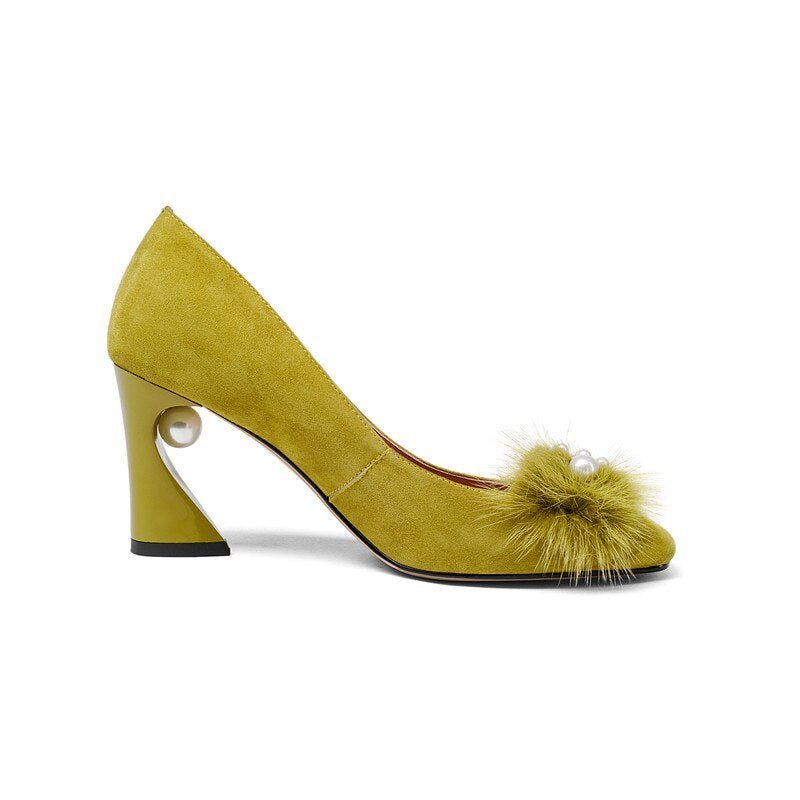 Rhinestone Pearl Thick Heel Leather Ol Women's Shoes Yellow