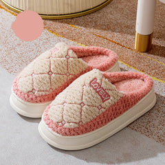 Rhombus Pattern Design Couple Cotton Shoes Plaid Plush House Slippers Pink