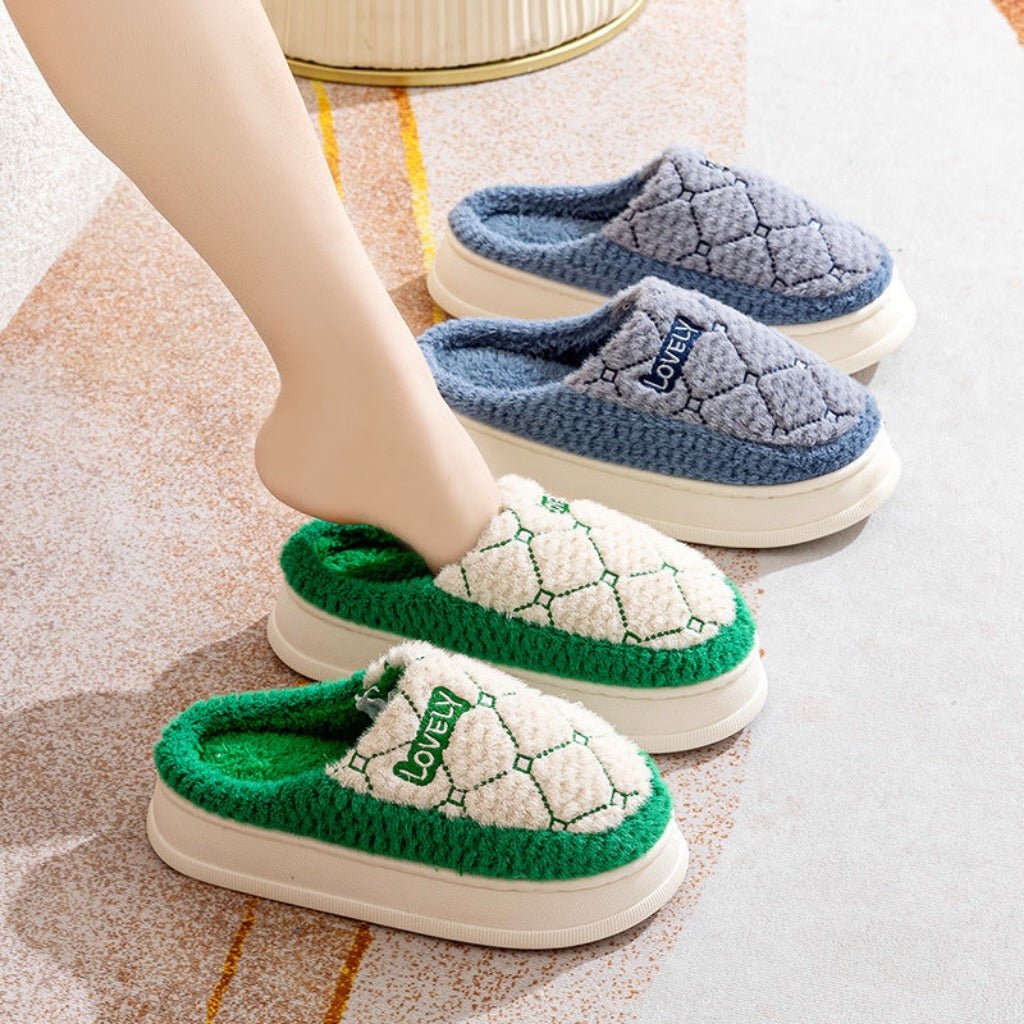 Rhombus Pattern Design Couple Cotton Shoes Plaid Plush House Slippers Blue