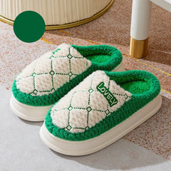 Rhombus Pattern Design Couple Cotton Shoes Plaid Plush House Slippers Green