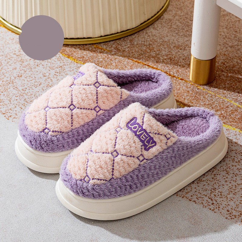 Rhombus Pattern Design Couple Cotton Shoes Plaid Plush House Slippers Purple