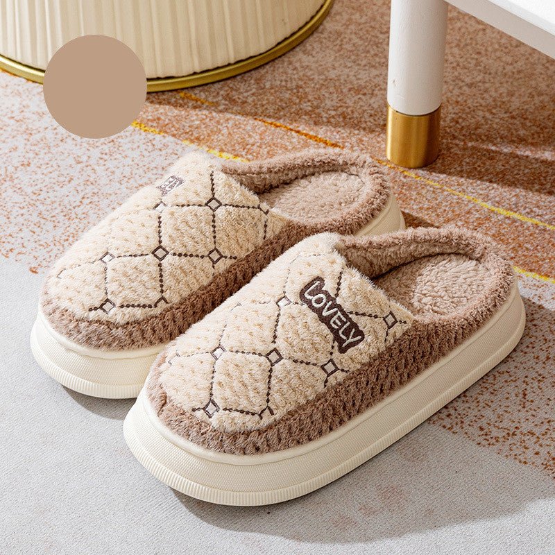 Rhombus Pattern Design Couple Cotton Shoes Plaid Plush House Slippers Khaki