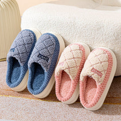 Rhombus Pattern Design Couple Cotton Shoes Plaid Plush House Slippers Blue