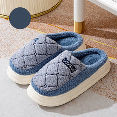 Rhombus Pattern Design Couple Cotton Shoes Plaid Plush House Slippers Blue