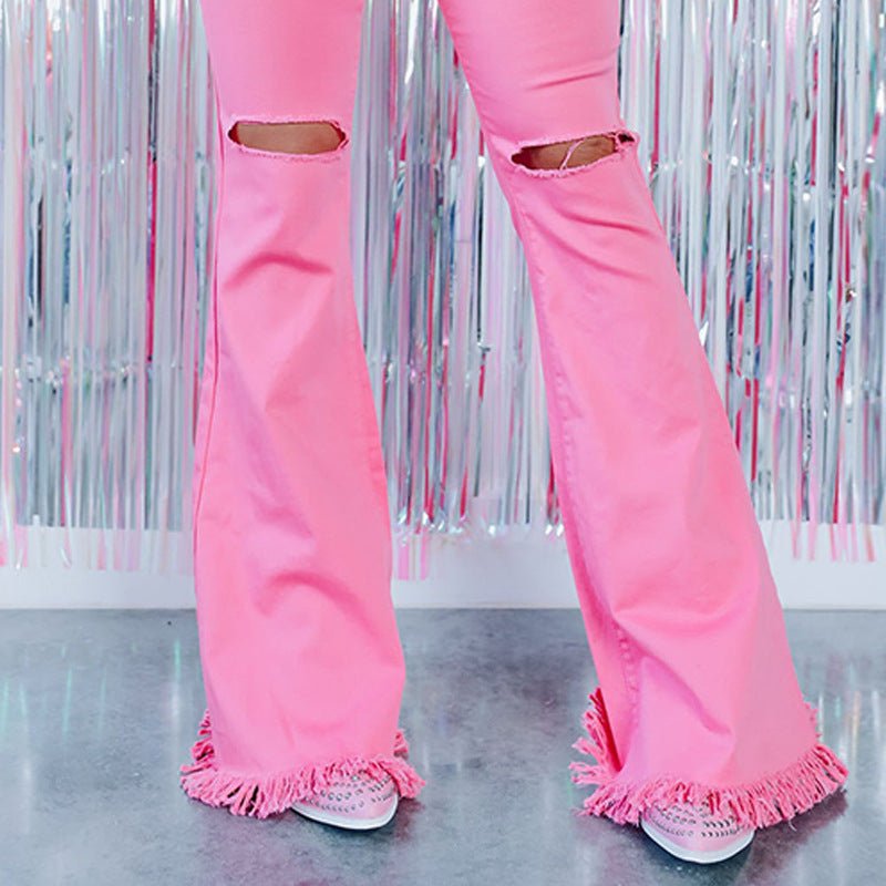 Ripped Bell - bottom Fashion Solid Color High Waist Slimming Pants Pink