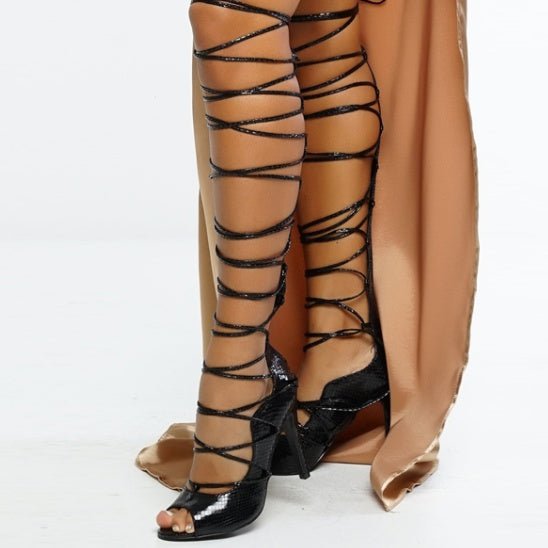Roman Style Cross Straps Over the Knee High Heel Sandals Black
