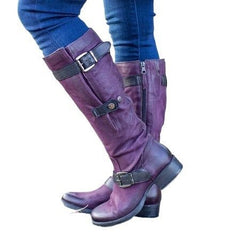 Round Head Casual Low Heel Tall Knight Boots Red