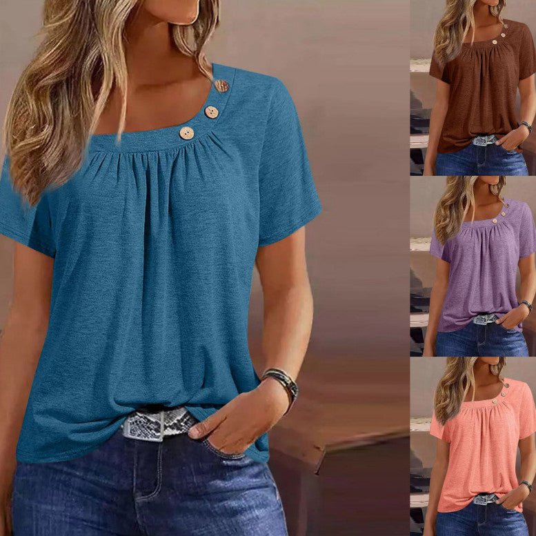 Round Neck Button Pleated Short Sleeves T - shirt Light Purple