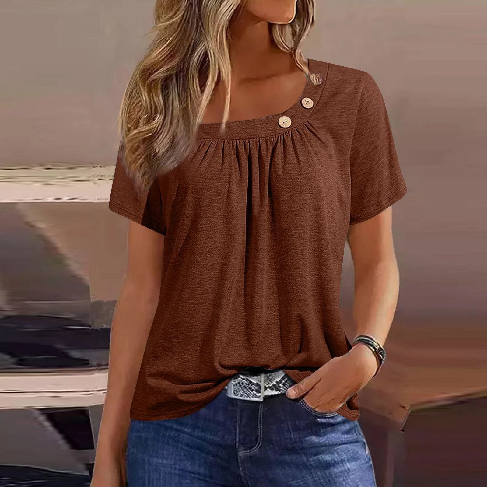 Round Neck Button Pleated Short Sleeves T - shirt Brown