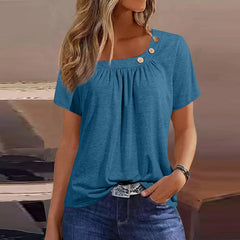 Round Neck Button Pleated Short Sleeves T - shirt Peacock Blue