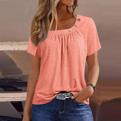 Round Neck Button Pleated Short Sleeves T - shirt Pink