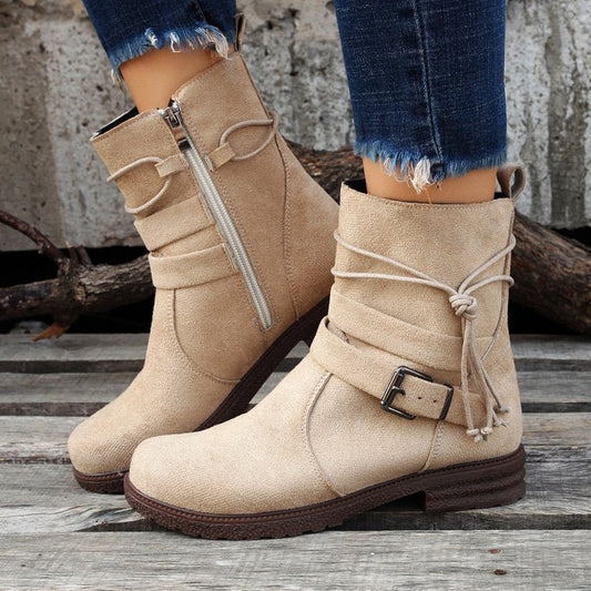 Round Toe Buckle Shoes Casual Retro Boots With Side Zipper Beige