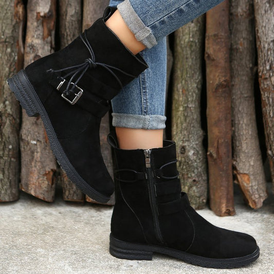Round Toe Buckle Shoes Casual Retro Boots With Side Zipper Beige