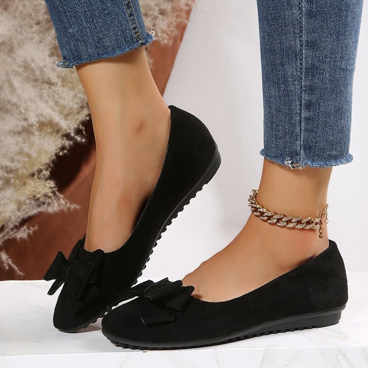 Rubber Plus Size Flat Casual Shoes Women Suede Bow Round Head Pumpi Black