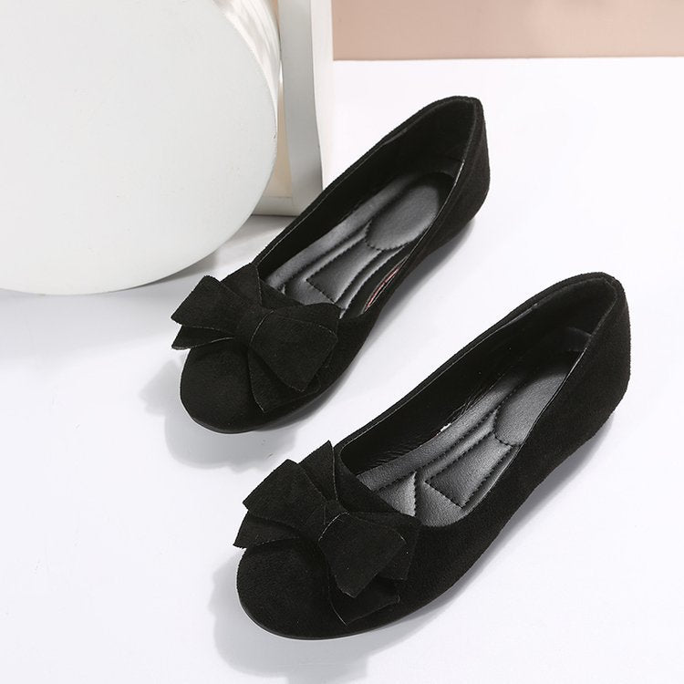 Rubber Plus Size Flat Casual Shoes Women Suede Bow Round Head Pumpi Black