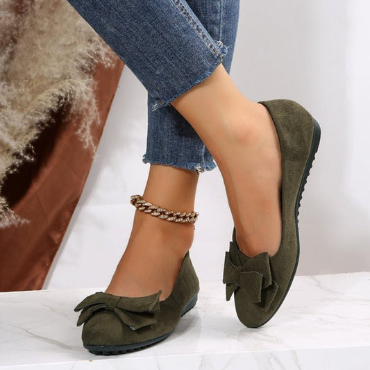 Rubber Plus Size Flat Casual Shoes Women Suede Bow Round Head Pumpi Black