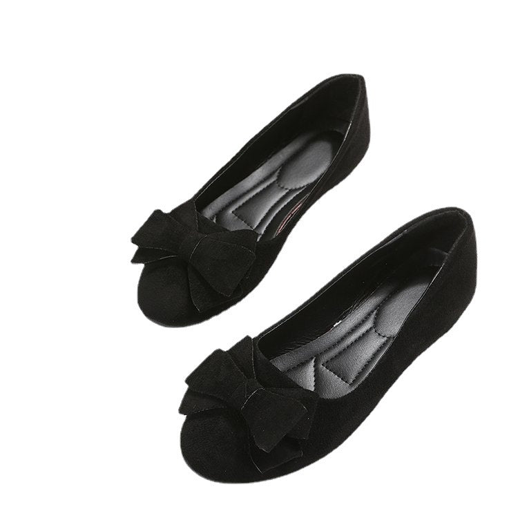 Rubber Plus Size Flat Casual Shoes Women Suede Bow Round Head Pumpi Black