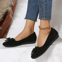 Rubber Plus Size Flat Casual Shoes Women Suede Bow Round Head Pumpi Black