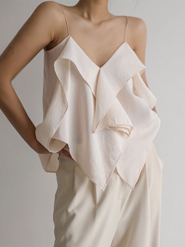 Ruffle V - Neck Vest - Women's Elegant Fashion Apricot