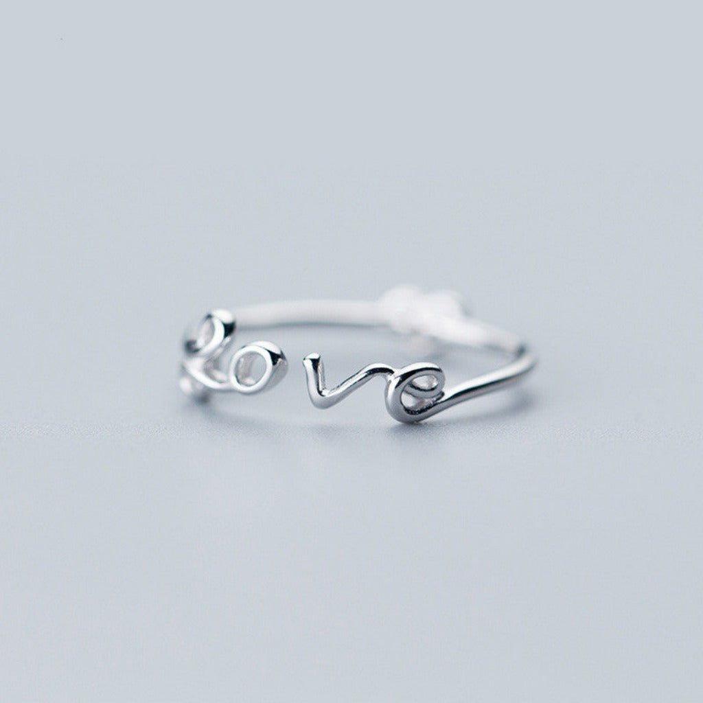 S925 Sterling Silver English LOVE Heart - shaped Ring: Timeless Elegance Silver