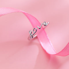 S925 Sterling Silver English LOVE Heart - shaped Ring: Timeless Elegance Silver