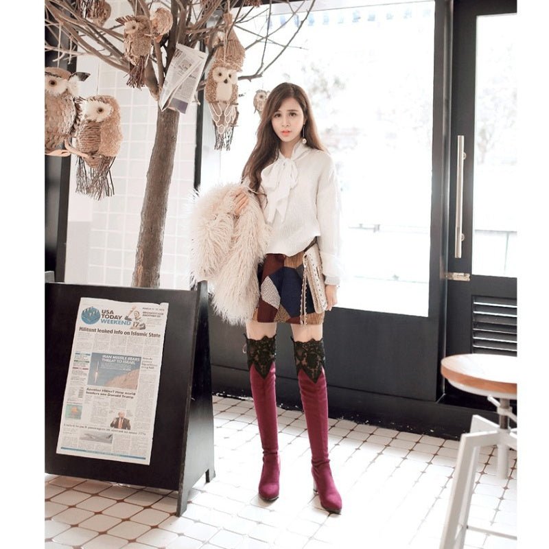 Sexy Knee High - heeled Boots Inside Hollow Lace Blue