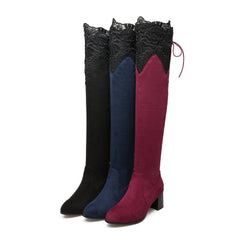 Sexy Knee High - heeled Boots Inside Hollow Lace Black
