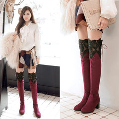 Sexy Knee High - heeled Boots Inside Hollow Lace Red