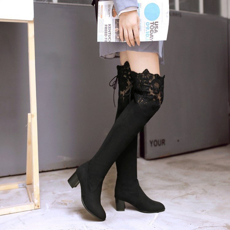 Sexy Knee High - heeled Boots Inside Hollow Lace Black
