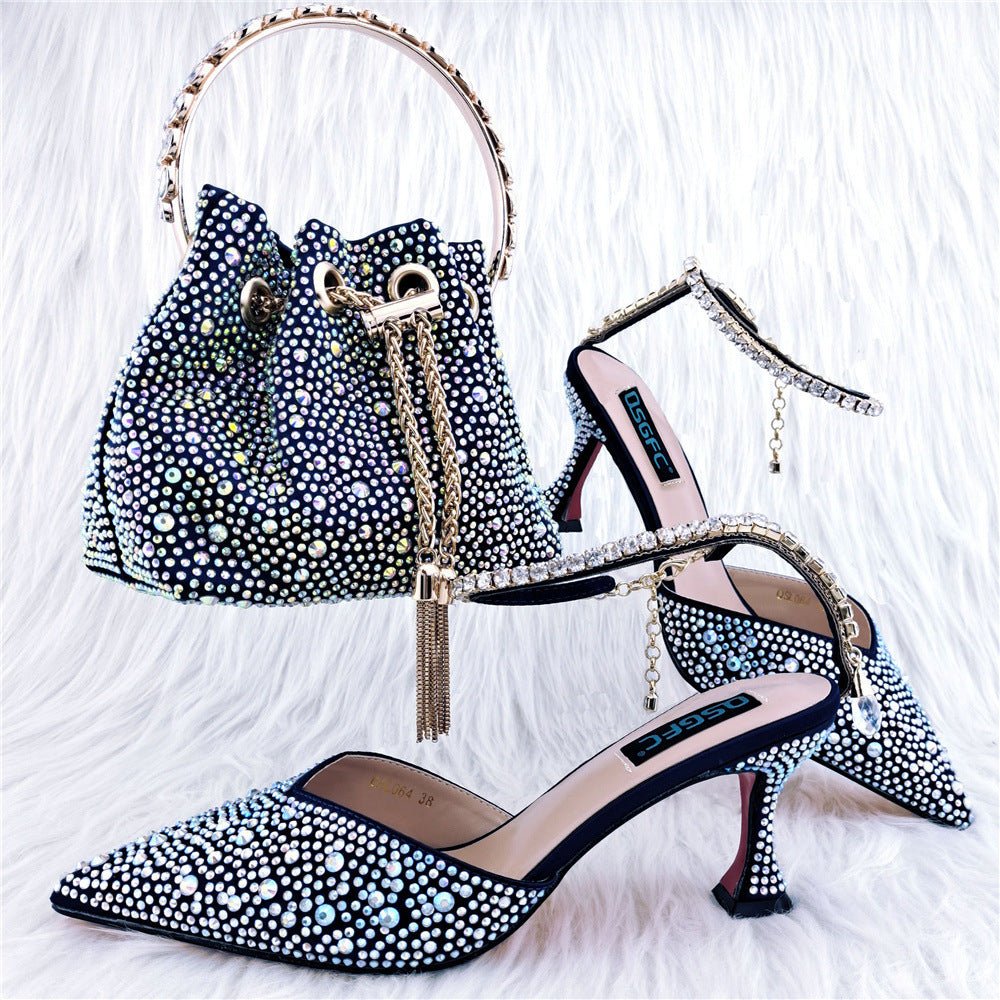 Shoe Bag Set Combination Pointy Back Empty Sandals Same Style Hand - held Diamond Black