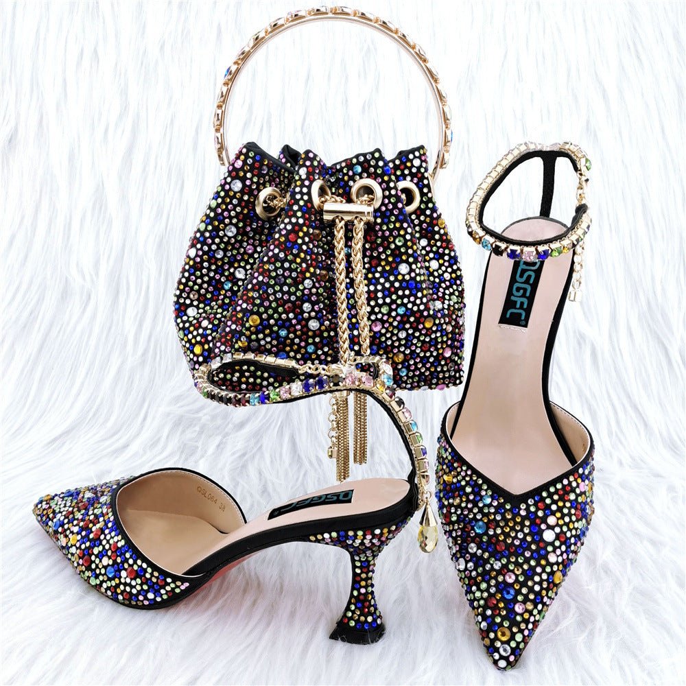 Shoe Bag Set Combination Pointy Back Empty Sandals Same Style Hand - held Diamond Black color