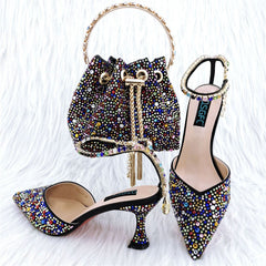 Shoe Bag Set Combination Pointy Back Empty Sandals Same Style Hand - held Diamond Black color