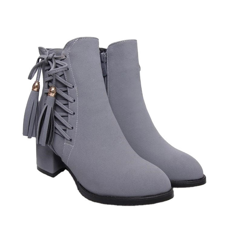 Short boots girls high heels thick heel fringed boots Black