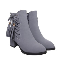 Short boots girls high heels thick heel fringed boots Black