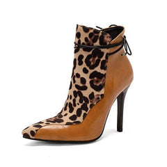 Short Pointed Toe Knight Boots with Thin High Heels Brown
