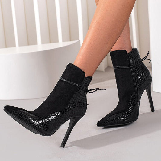 Short Pointed Toe Knight Boots with Thin High Heels Black