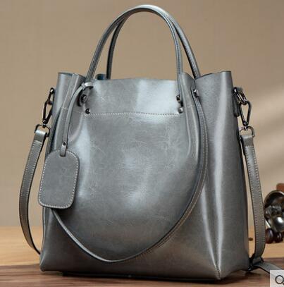 Simple Portable Women's Fashion Oil Wax Cattle Leather Bag Gray