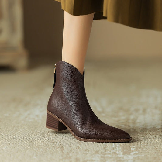 Simple Solid Color And Nude Ankle Boots For Women Brown Pigskin Split Leather