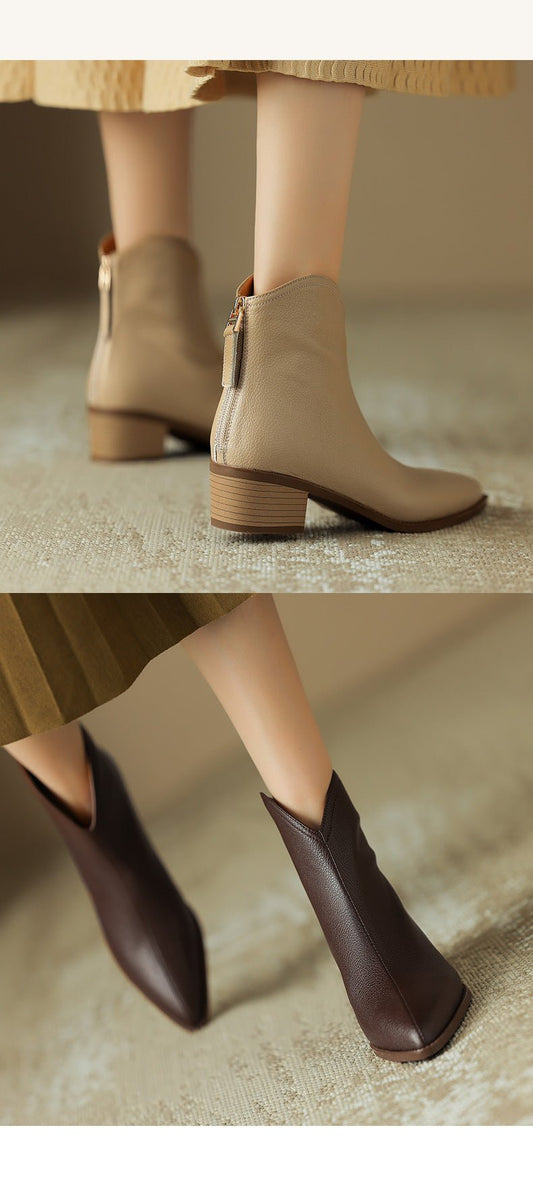 Simple Solid Color And Nude Ankle Boots For Women Brown Pigskin Split Leather