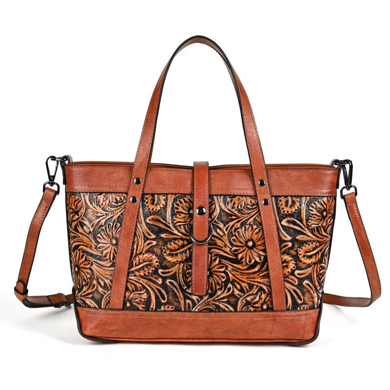 Skeleton - Skin Hand Carved First Layer Cowhide Bag Retro Brown