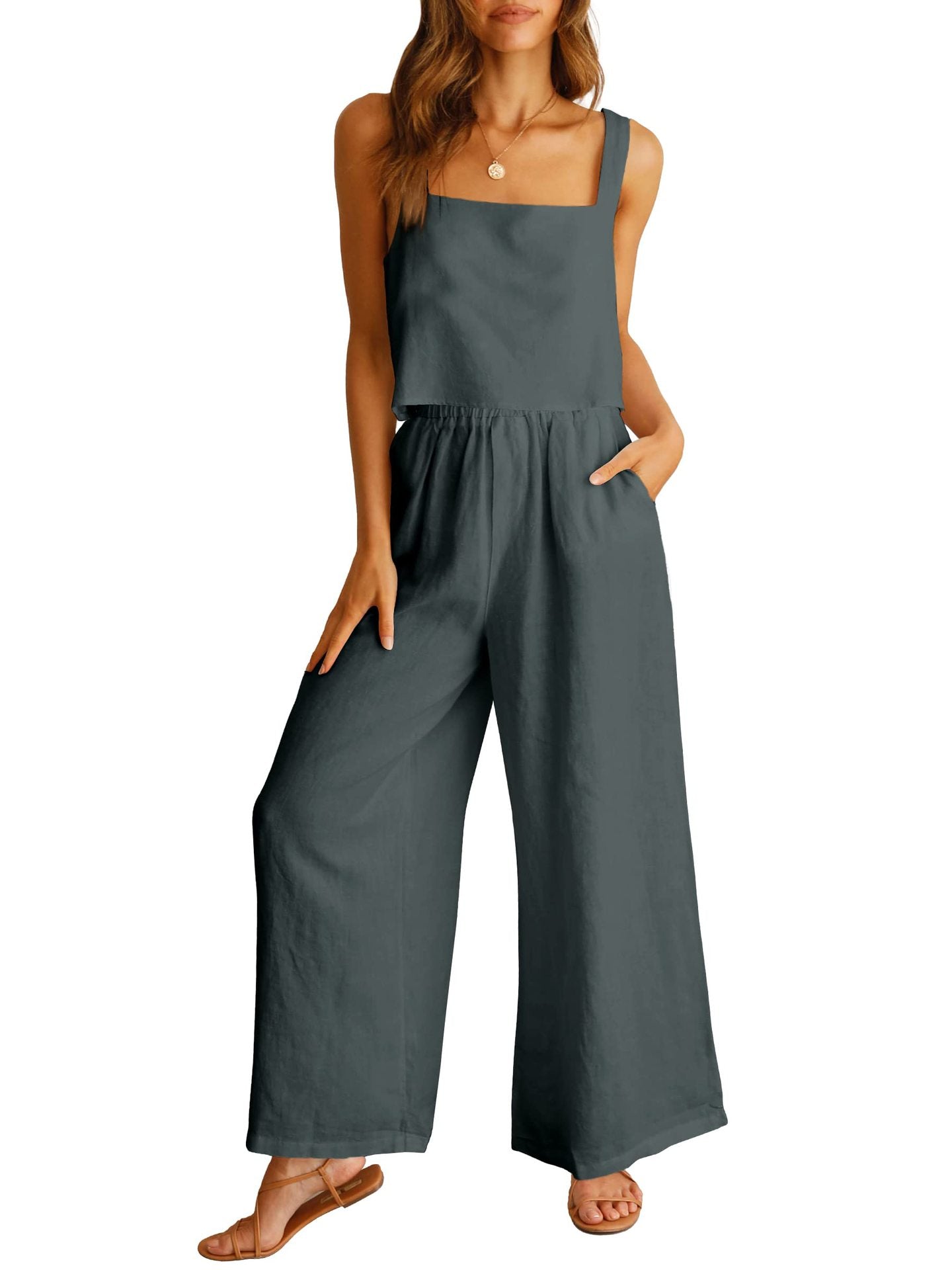 Sleeveless Camisole Wide Leg Pants Casual Suit Gray