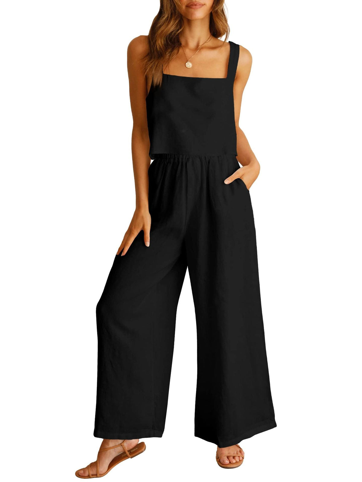 Sleeveless Camisole Wide Leg Pants Casual Suit Black