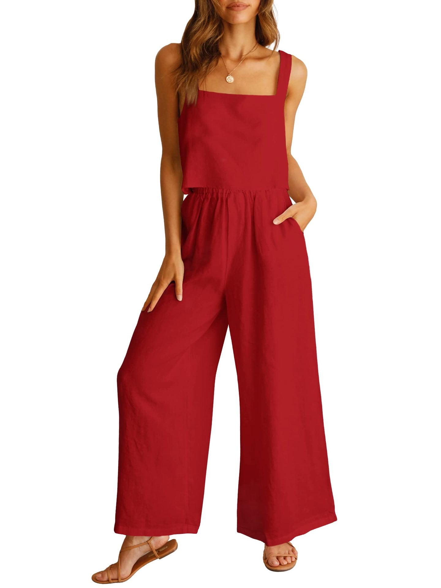 Sleeveless Camisole Wide Leg Pants Casual Suit Red