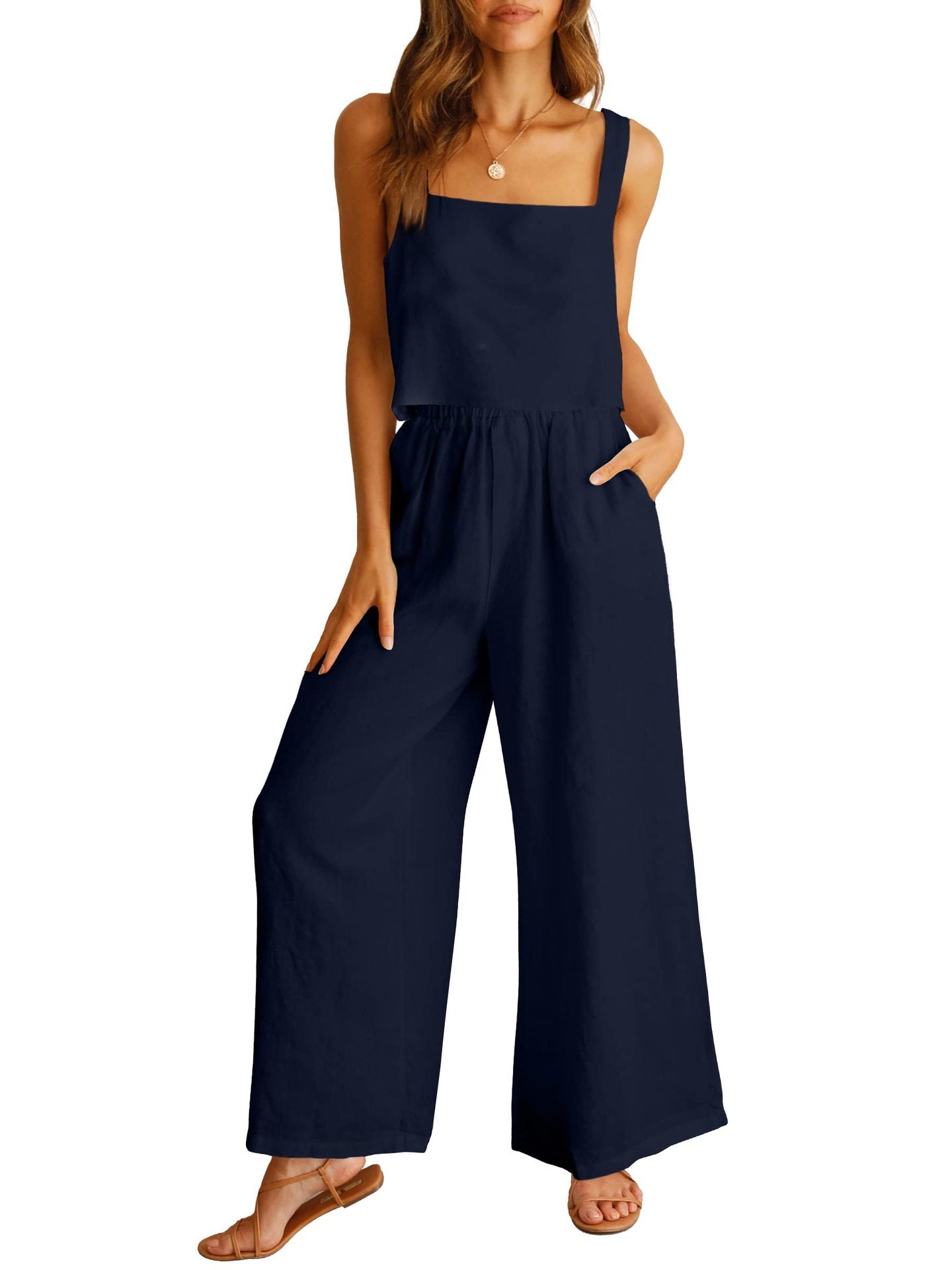 Sleeveless Camisole Wide Leg Pants Casual Suit Dark Blue