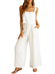 Sleeveless Camisole Wide Leg Pants Casual Suit White