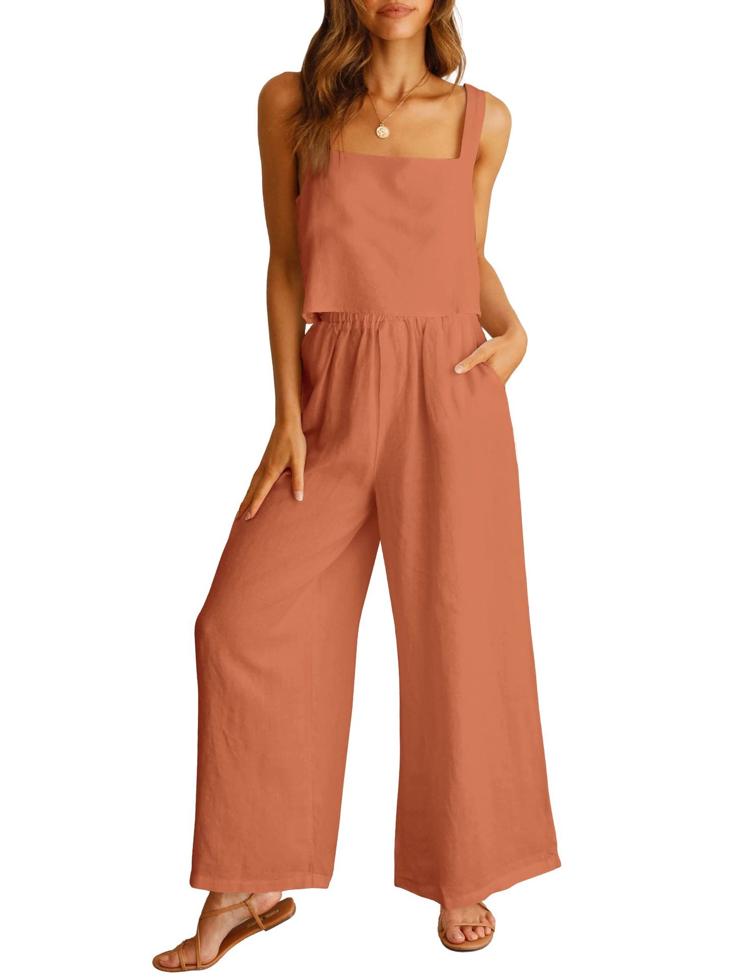 Sleeveless Camisole Wide Leg Pants Casual Suit Rust Red