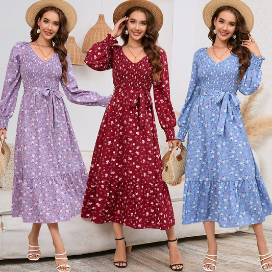 Slimming Bubble Long Sleeve Floral Long Dress for Women Blue